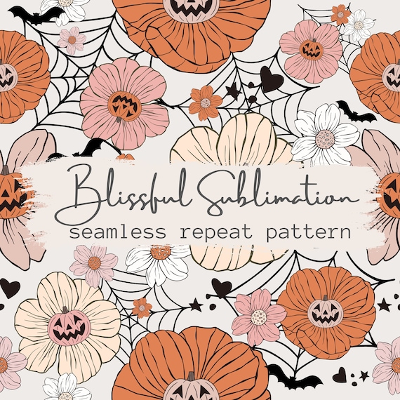 Halloween Floral Pumpkins Seamless Pattern, Retro Seamless Pattern for Fabric,  Scrapbook Paper, Spider web Sublimation Pattern, Pumpkin Png