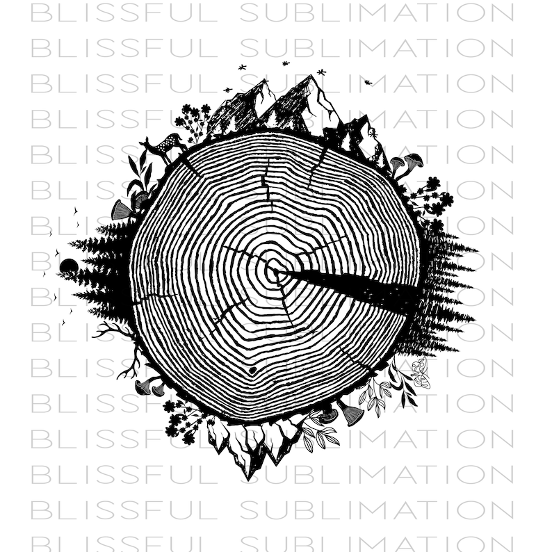 May include: Black and white illustration of a tree trunk cross-section with rings, surrounded by a circular design of mountains, trees, flowers, and a deer.