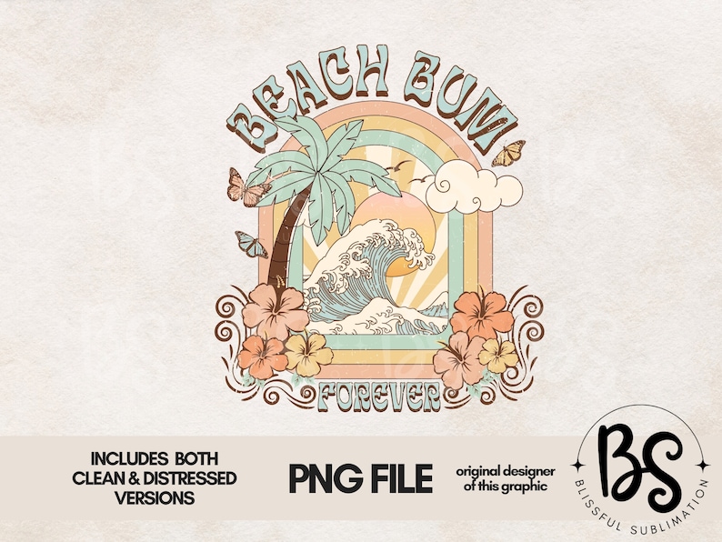 Pu&ograve; includere: Un design grafico retr&ograve; con una palma, onde oceaniche e il testo "Beach Bum Forever". Il design &egrave; in tonalit&agrave; di blu, verde, giallo e arancione.