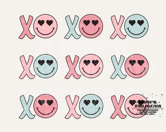 XOXO PNG, Retro Valentine, Sublimation Print, Design Download, Valentines Day T Shirt Graphic, Heart Eye Happy Face, Smile, Pink and Blue