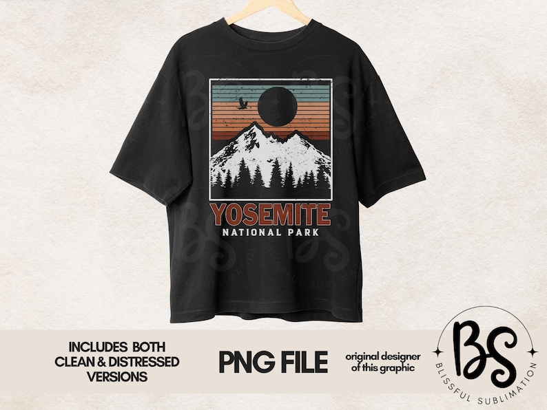 May include: A black t-shirt featuring a graphic design of a mountain range with a sunset and the text "Yosemite National Park".