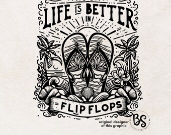 Life Is Better in Flip Flops Summer Beach Sublimation T-Shirt Design PNG | Palm Trees, Seashells & Waves Digital Download