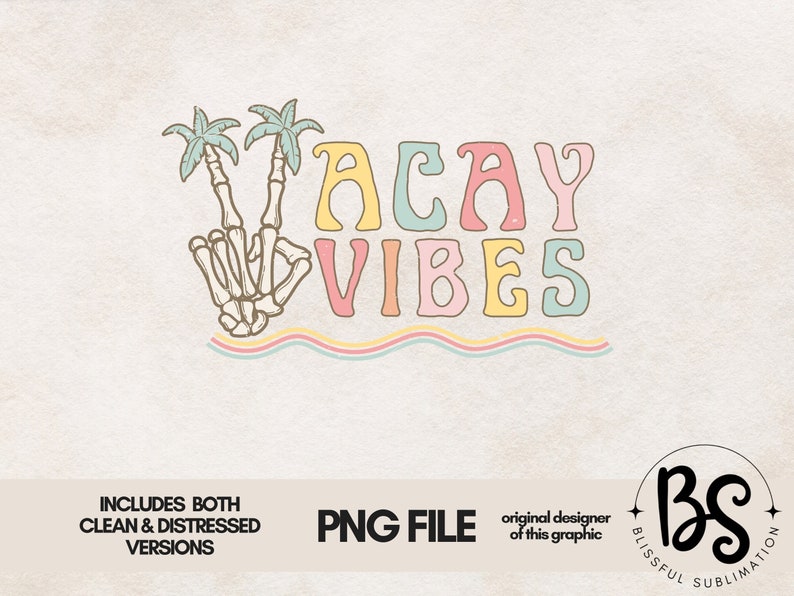 May include: A digital design featuring a peace sign made of bones with palm trees on either side. The text "Vacay Vibes" is written in a colorful, retro font. The design is perfect for creating t-shirts, mugs, tote bags, and other merchandise.