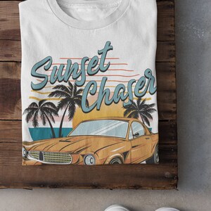 Sunset Chaser PNG, Retro Sublimation Design Download, Muscle Car, Summer, Beach, Palm Tree, T Shirt Design, PNG, DTF Transfers, Screen Print image 2