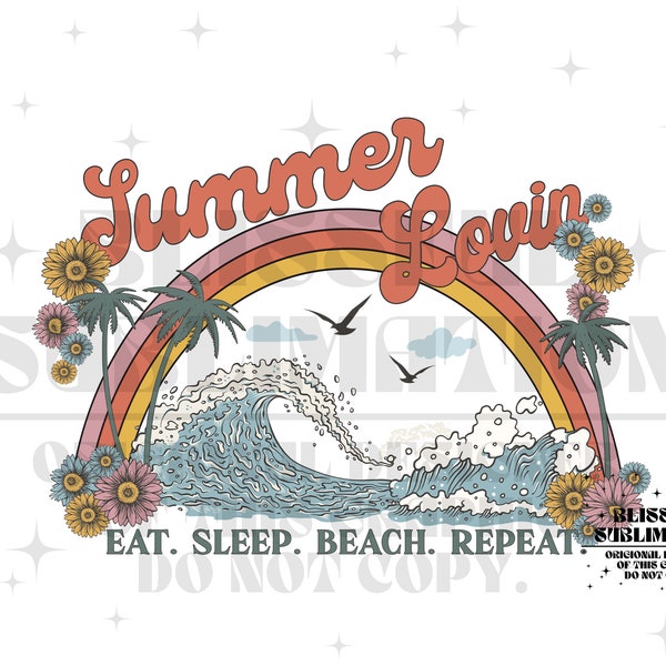 Summer Lovin PNG, Retro Sublimations, Beach PNG, Summer Sublimation, T Shirt Design, Vacation, Wave, Palm Tree, Rainbow, Girls Trip,