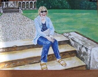 woman on steps at Belton house, limited edition print from original acrylic painting