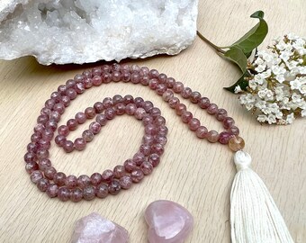 Strawberry Quartz Handmade Mala with tassel by Laura, Sacred Jewelry, Meditation Mala