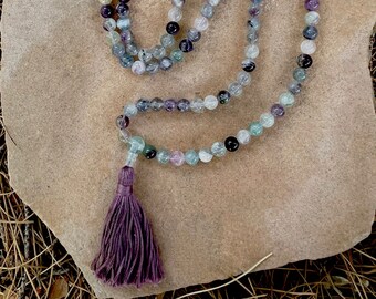 Fluorite with Purple Tassle Mala by Laura, Handmade Mala, Sacred Jewelry