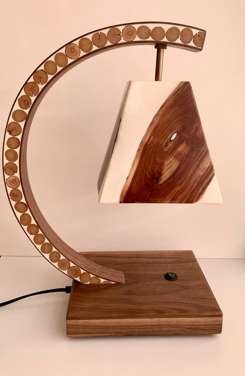 Unique white wooden walnut resin lamp. Epoxy lamp. Desk lamp. Office desk decor. Office desk lamp. Traditional style lamp. image 3