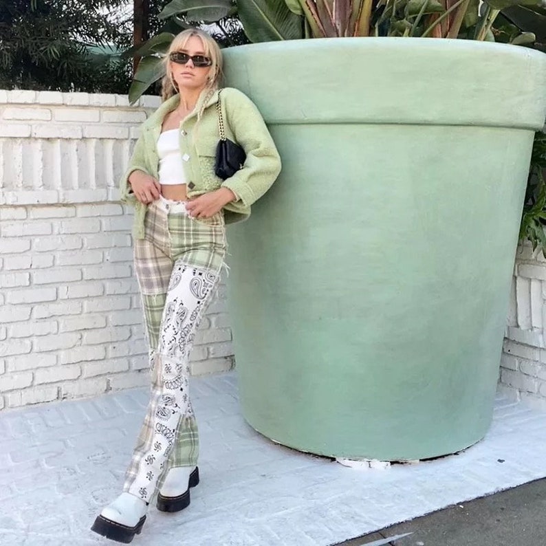 Patchwork Vintage Checkered Jeans Women Print Skinny High Waist Denim Pants Ladies Y2K Fashion Frill Trousers Female