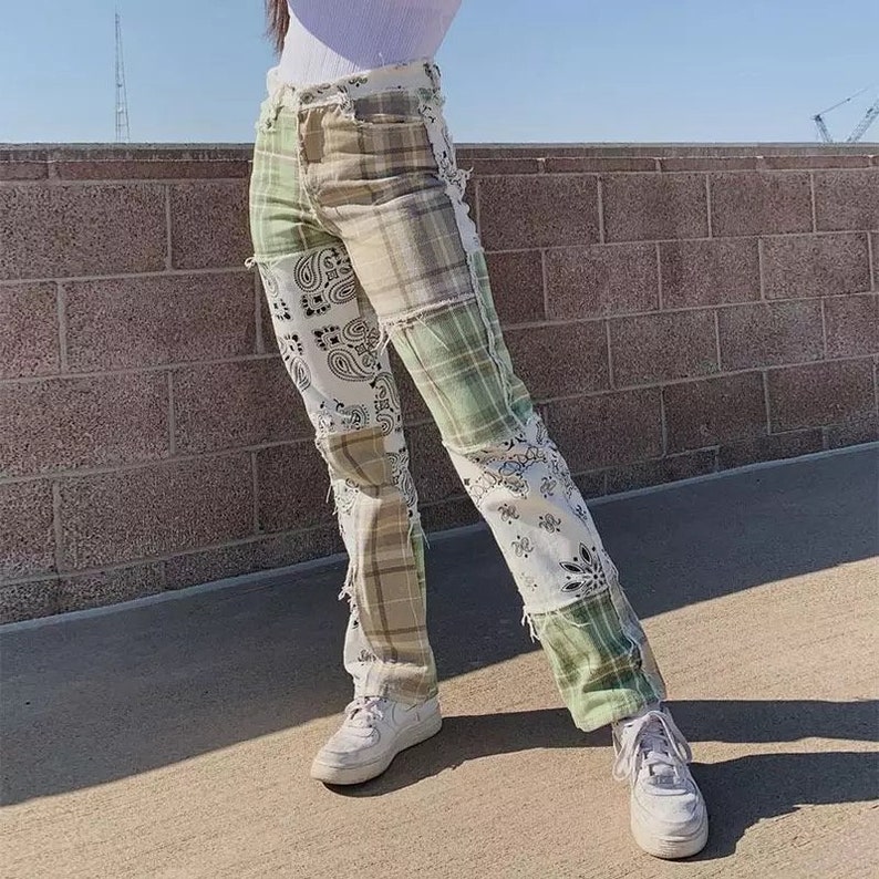 Patchwork Vintage Checkered Jeans Women Print Skinny High Waist Denim Pants Ladies Y2K Fashion Frill Trousers Female