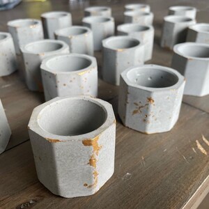 May include: A collection of grey concrete planters with gold accents. The planters are hexagonal in shape and have a rough, textured surface.