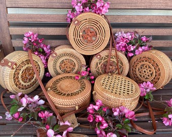 Handwoven Bali Rattan Bag | Round Boho Crossbody with Leather Strap - by SofiaPicks