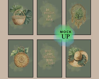 Tropisches Boho Digital Wall Art Set - 6 Drucke mit Strohhut, Makramee, Rattan und Inspirationszitate