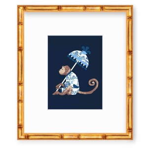 Navy Blue Chinoiserie Monkey Facing Left Print