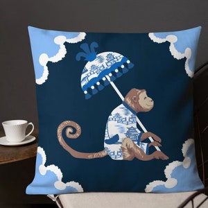 Navy Chinoiserie Toile Monkey Throw Pillow