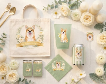 Custom Dog Wedding Decor Package | Pet Portrait Napkins, Cups, Stirrers, Totes, Coozies & Matchboxes