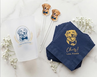 Custom Dog Wedding Bar Decor | Hand-Illustrated Pet Portrait Napkins, Frosted Cups & Drink Stirrers