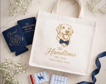 Custom Dog Wedding Favor Set | Pet Portrait Tote Bags, Coozies, Matchboxes
