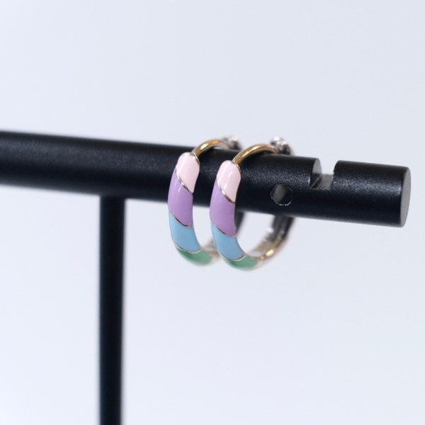 Multi colored Earrings, Rainbow Earrings, Enamel Earrings, Silver Huggie Earrings, Hypoallergenic Earrings, Gift for Her Earrings