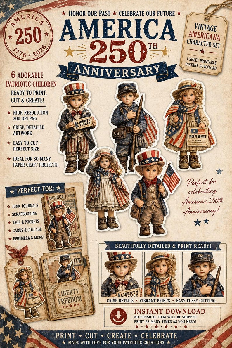 May include: A digital print set celebrating America's 250th Anniversary. Features six adorable patriotic children in vintage Americana attire, holding flags and signs. Includes printable elements for scrapbooking and paper crafts.