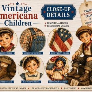 May include: Vintage Americana children's illustrations with close-up details. The image features a boy and girl in vintage clothing, an American flag, and the text "Vintage Americana Children". The image also includes the text "High-Resolution PNG Images".