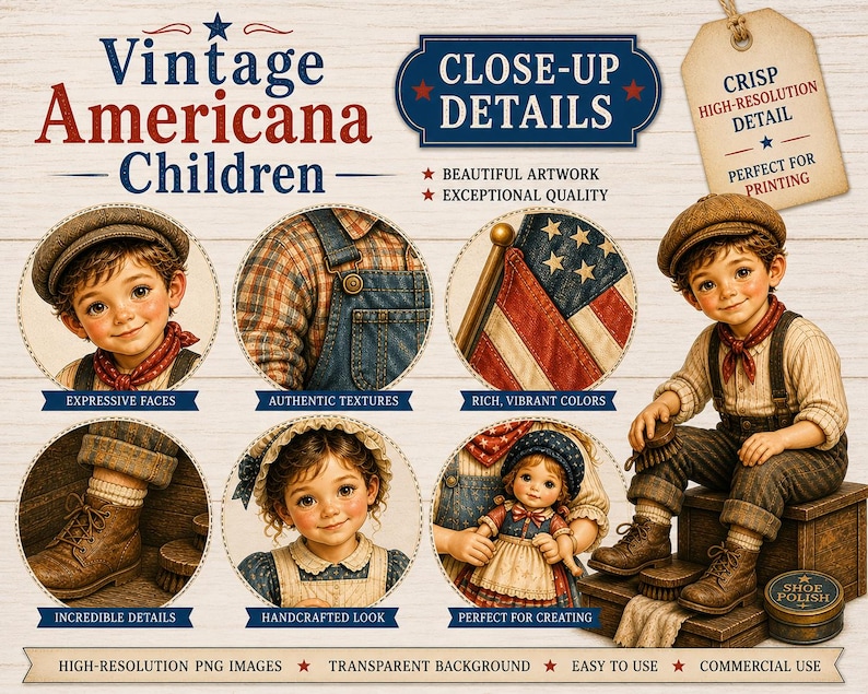 May include: Vintage Americana children's illustrations with close-up details. The image features a boy and girl in vintage clothing, an American flag, and the text "Vintage Americana Children". The image also includes the text "High-Resolution PNG Images".