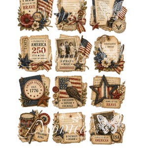 May include: A collage of vintage-style patriotic designs featuring American flags, stars, eagles, and historical text. The designs include the text "Land of the Free," "American Made," and "Remember Honor." The color palette includes red, white, and blue.
