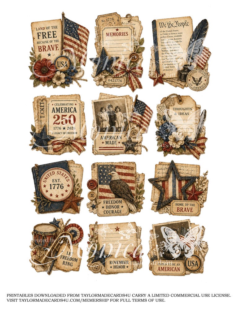May include: A collage of vintage-style patriotic designs featuring American flags, stars, eagles, and historical text. The designs include the text "Land of the Free," "American Made," and "Remember Honor." The color palette includes red, white, and blue.