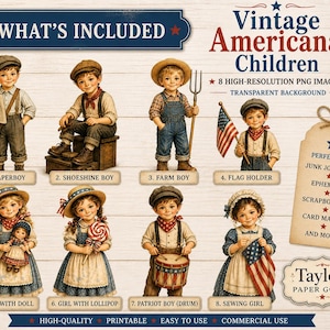 May include: A digital art collection titled "Vintage Americana Children" featuring eight high-resolution PNG images of children in vintage clothing. The images include a paperboy, a farm boy, a girl with a doll, and more. Perfect for junk journals and scrapbooking.