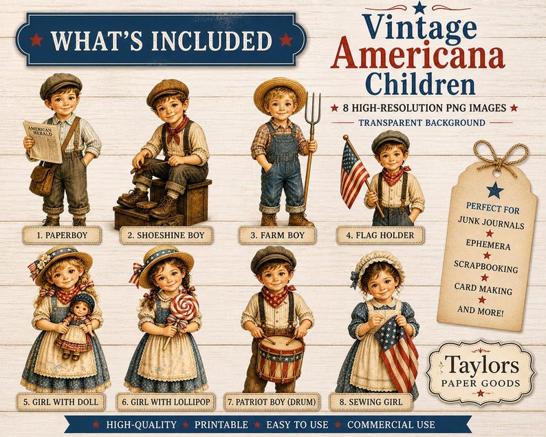 May include: A digital art collection titled "Vintage Americana Children" featuring eight high-resolution PNG images of children in vintage clothing. The images include a paperboy, a farm boy, a girl with a doll, and more. Perfect for junk journals and scrapbooking.