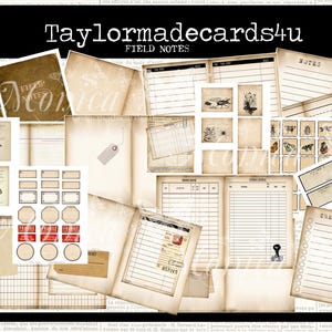 May include: A collection of vintage-style paper ephemera, including journal pages, tags, labels, and stickers. The items feature a sepia tone with insect and butterfly illustrations, and the text "Taylormadecards4u" and "FIELD NOTES".