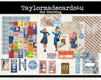 Now Boarding Travel Digital kit, digital Paper, instant download, Printable Paper, Printable ephemera, collage sheet