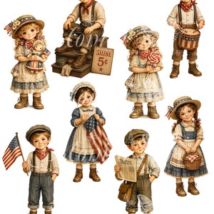 May include: A collection of vintage-style illustrations of children in patriotic attire. The images feature children holding flags, playing drums, and dressed in old-fashioned clothing. One image shows a boy sitting on a shoe shine stand with a "SHINE 5&cent;" sign.