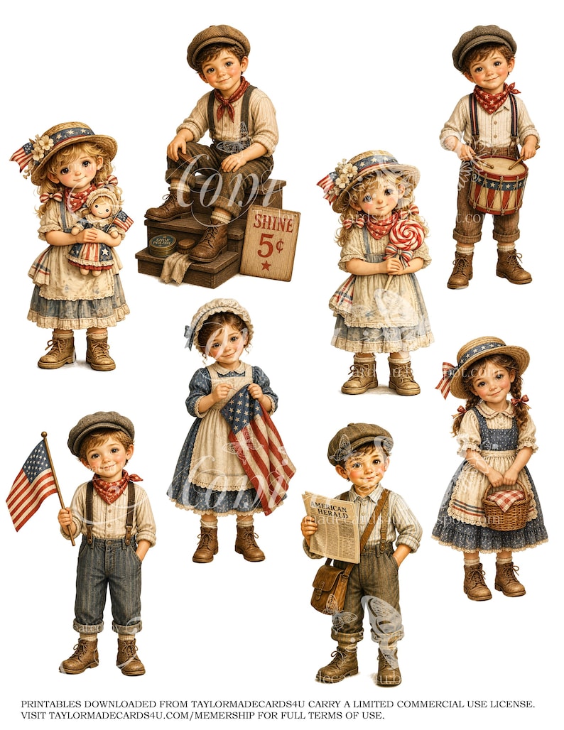 May include: A collection of vintage-style illustrations of children in patriotic attire. The images feature children holding flags, playing drums, and dressed in old-fashioned clothing. One image shows a boy sitting on a shoe shine stand with a "SHINE 5&cent;" sign.