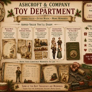 May include: A digital collage sheet titled Ashcroft & Company Toy Department featuring vintage-style Christmas ephemera, including journal pages, tickets, labels, teddy bear illustrations, a toy train, a rocking horse, and ledger text.