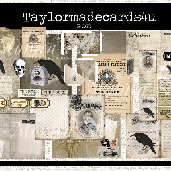 Edgar Allen Poe, Digital Journal Kit, Halloween Digital images,  Poe ephemera, Card making , junk journal scrapbooking