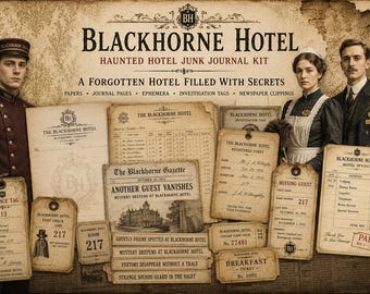 Haunted Hotel Junk Journal Kit | Hotel Ephemera, Vintage Halloween Papers, Ghostly Newspaper Clippings, Victorian Hotel Printable Kit