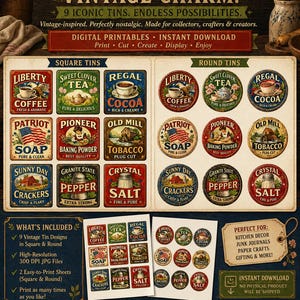 May include: Digital printable with vintage tin designs in square and round formats. The image displays labels with classic graphics and text, such as "Coffee," "Tea," and "Cocoa." Ideal for kitchen decor, junk journals, and paper crafts.