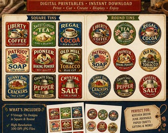 Vintage Tin Labels Printable Bundle | Retro Kitchen Ephemera | Square & Round Labels | Junk Journal Supplies | Americana Craft Printables