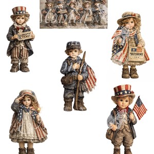 May include: A collection of vintage-style digital art prints featuring children dressed in patriotic attire. The images include children holding American flags and signs that read "Liberty Ticket" and "Independence". The color palette is primarily red, white, and blue.