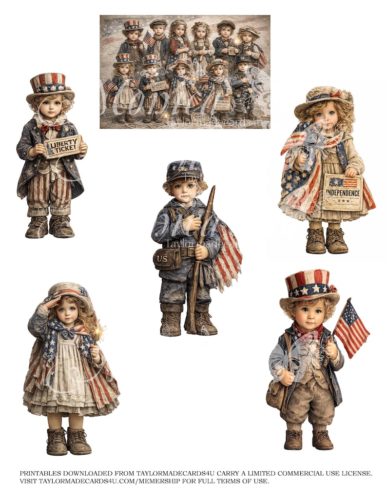 May include: A collection of vintage-style digital art prints featuring children dressed in patriotic attire. The images include children holding American flags and signs that read "Liberty Ticket" and "Independence". The color palette is primarily red, white, and blue.