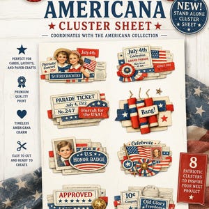 Peut inclure: Feuille de motifs Americana avec des motifs patriotiques. Comprend des images de feux d'artifice, de drapeaux, de billets de défilé et de portraits vintage. Contient le texte "July 4th" et "Celebrate". Idéal pour la création de cartes et le scrapbooking.