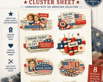 Vintage Americana Cluster Sheet | Patriotic Printable Ephemera | July 4th Junk Journal Clusters | Red White Blue Paper Craft Embellishments