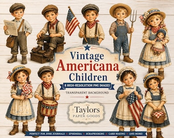 Vintage Americana Children Clipart | 4th of July Patriotic Kids PNG | USA 250 Anniversary Printable | Junk Journal Ephemera- Set 2