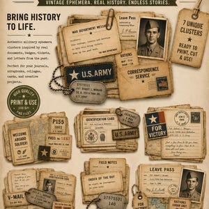 Military Memories Cluster Sheet | WWII Military Ephemera Clusters | Vintage Junk Journal Printable PNG | Wartime Collage Elements