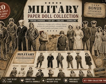 Vintage Military Paper Dolls | WWII Ephemera Printable Kit | 16 Vintage Style Paper Dolls | Junk Journal PNGs | Scrapbook & Collage Set