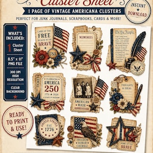 May include: Americana cluster sheet with vintage patriotic designs. Includes flags, stars, and text elements like "Land of the Free" and "United States 1776". Perfect for junk journals, scrapbooks, and card making. The sheet measures 8.5" x 11".