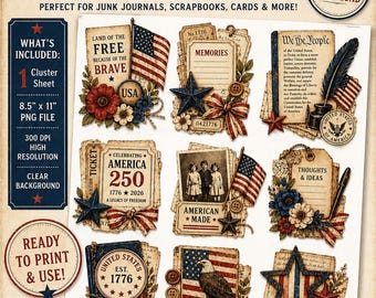 Vintage Americana Cluster Sheet – Printable Ephemera | Junk Journal Embellishments | Patriotic Craft Kit