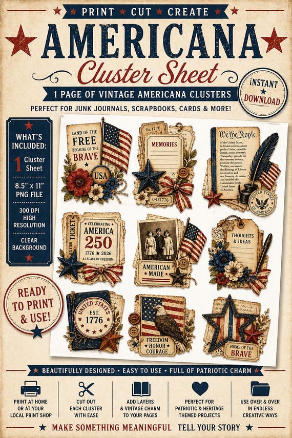 Vintage Americana Cluster Sheet – Printable Ephemera | Junk Journal Embellishments | Patriotic Craft Kit
